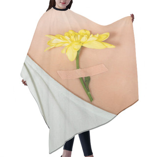 Personality  Cropped View Of Plaster With Yellow Flower On Body Of Woman Hair Cutting Cape
