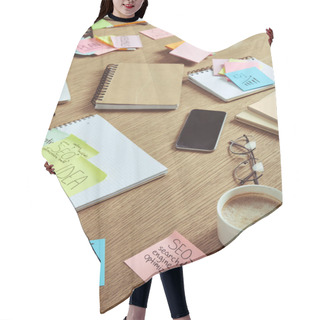 Personality  Paper Stickers With Business Strategy And Smartphone With Blank Screen On Table At Home Hair Cutting Cape