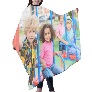 Personality  Multicultural Group Of Little Children Riding On Swings At Playground  Hair Cutting Cape