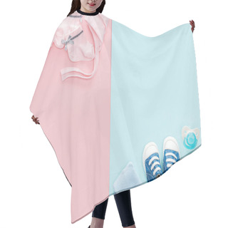Personality  Top View Of Pacifier, Gift, Hat, Bonnet, Sneakers, Socks, Bouquet On Pink And Blue Background  Hair Cutting Cape