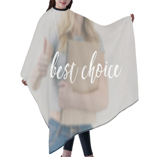 Personality  Cropped Shot Of Young Student Girl With Notebook Showing Thumb Up, Best Choice Inscription Hair Cutting Cape