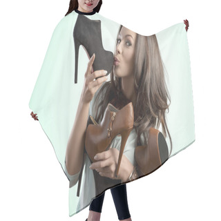 Personality  Funny Girl Holding Many Shoes Hair Cutting Cape