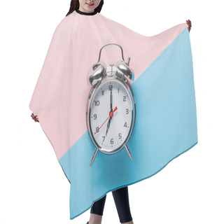 Personality  Top View Of Classic Silver Alarm Clock On Pink And Blue Background Hair Cutting Cape