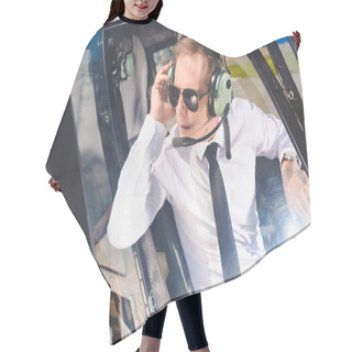 Personality  Pilot In Sunglasses And Headset With Microphone Sitting In Helicopter Cabin Hair Cutting Cape