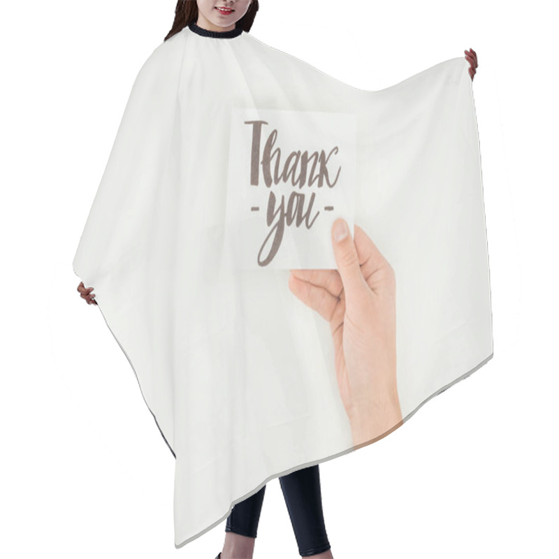 Personality  Cropped View Of Person Holding White Postcard With Thank You Lettering Isolated On White Background Hair Cutting Cape