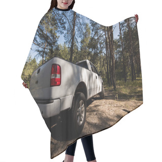 Personality  White Pickup Truck In Autumn Forest, Surface Level  Hair Cutting Cape