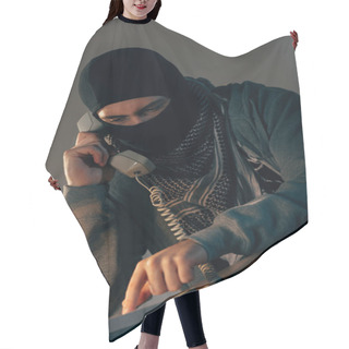 Personality  Terrorist In Black Mask Talking On Telephone In Room Hair Cutting Cape