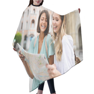 Personality  Group Of Happy Traveling Tourists Sightseeing With Map And Having Fun Hair Cutting Cape