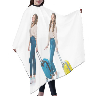 Personality  Side View Of Happy Young Twins With Wheeled Bags Isolated On White, Travel Concept Hair Cutting Cape