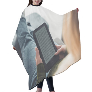Personality  Cropped View Of Woman Reading Ebook At Home  Hair Cutting Cape