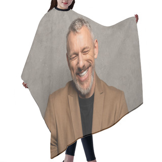 Personality  Cheerful Man With Closed Eyes Laughing On Grey  Hair Cutting Cape