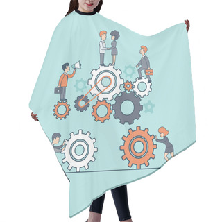 Personality  Businesspeople Moving Together Gearwheels Hair Cutting Cape