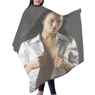 Personality  Cute Portrait Of Latina Girl With Long Black Hair And A Sexy Shirt Hair Cutting Cape