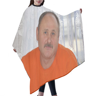 Personality  Middle-Aged Smiling Man Hair Cutting Cape