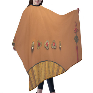 Personality  Traditional Golden Chinese Decorations And Fan With Hieroglyphs On Brown Background   Hair Cutting Cape