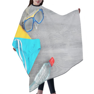 Personality  Swimming Set On Wooden Background Hair Cutting Cape