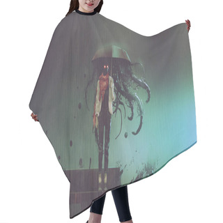 Personality  Horror Concept Of Mystery Woman Holding The Umbrella With Black Tentacles Inside In The Rainy Night, Digital Art Style, Illustratio Hair Cutting Cape