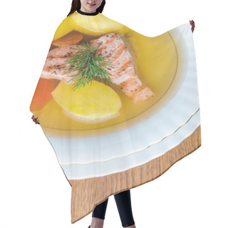 Personality  Top View Of Delicious Healthy Salmon Soup On Wooden Tabletop  Hair Cutting Cape