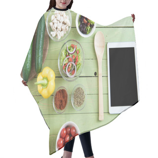 Personality  Fresh Raw Vegetables And Digital Tablet  Hair Cutting Cape