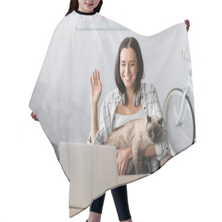 Personality  Cheerful Freelancer Holding Cat And Waving Hand During Video Call On Laptop Hair Cutting Cape