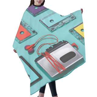 Personality  Flat Lay With Colorful Retro Audio Cassettes, Cassette Player And Earphones Isolated On Blue Hair Cutting Cape