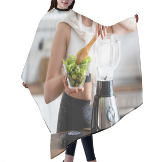Personality  Cropped View Of Woman Holding Bowl With Lettuce And Wooden Spoon Near Blender  Hair Cutting Cape