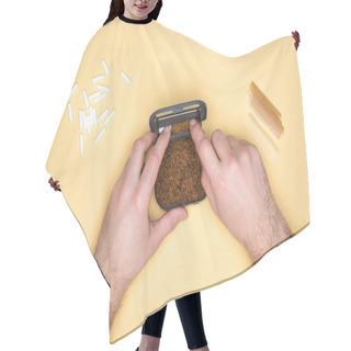 Personality  Partial View Of Man With Tobacco Box Isolated On Yellow Hair Cutting Cape
