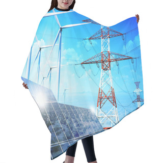 Personality  Renewable Energy Concept With Grid Connections Solar Panels And Wind Turbines Hair Cutting Cape