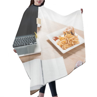 Personality  Laptop, Notepad, Donuts And Hamburger With French Fries At Workplace  Hair Cutting Cape
