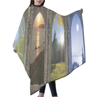 Personality  Collage Four Seasons - View Through Arched Castle Window Hair Cutting Cape