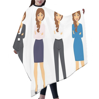Personality  A Set Of Young Women In Different Clothes. Business Style, Office Worker. Business And Finance Flat Style On A White Background. Cartoon.  Hair Cutting Cape