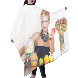 Personality  Woman With Cup Of Hot Drink, Lemon, Apple, Tea And Autumn Flowe Hair Cutting Cape