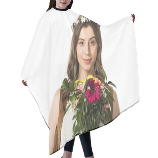 Personality  Front View Of Hippie Woman In Wreath Holding Flowers Isolated On White Hair Cutting Cape