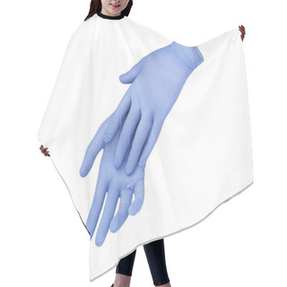 Personality  Medical Nitrile Gloves.Two Blue Surgical Gloves Isolated On White Background With Hands. Rubber Glove Manufacturing, Human Hand Is Wearing A Latex Glove. Doctor Or Nurse Putting On Protective Gloves Hair Cutting Cape
