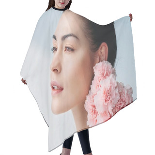 Personality  Woman With Fresh Skin And Pink Cloves Hair Cutting Cape