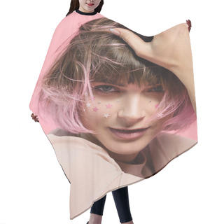 Personality  Woman With Party Makeup And Pink Hair Hair Cutting Cape