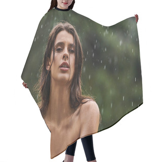 Personality  A Captivating Young Woman In A Stunning Red Dress And Long Gloves Stands Elegantly In The Falling Rain, Embracing The Moment. Hair Cutting Cape