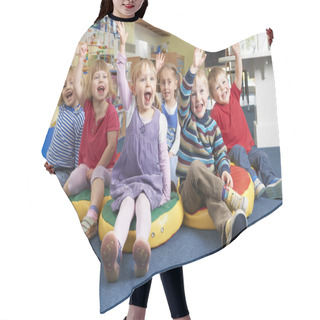 Personality  Group Of Pre School Children Answering Question In Classroom Hair Cutting Cape