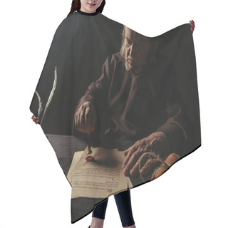 Personality  Ancient Monk Stamping Manuscript With Wax Seal Near Rolled Parchment Isolated On Black Hair Cutting Cape