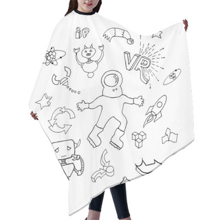 Personality  STEM Set Of Illustrations. Astronaut, Androids And Other Scientific Elements In Hand Drawing Style Hair Cutting Cape