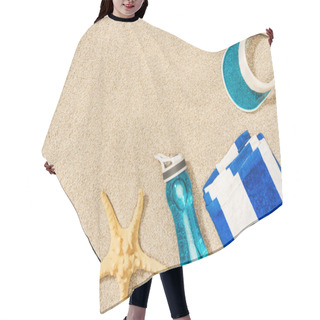 Personality  Flat Lay With Sea Star, Water Bottle, Towel And Cap Arranged On Sand Hair Cutting Cape