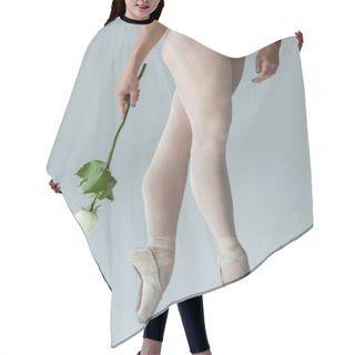 Personality  Cropped View Of Elegant Ballerina In Ballet Shoes Holding Rose On Grey  Hair Cutting Cape