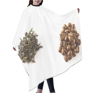 Personality  Pile Of Coffee Beans And Dry Green Tea Leaves Isolated On White Background. Closeup. Hair Cutting Cape