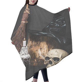 Personality  Broom Near Skull And Wooden Stump With Witch Hat On Black  Hair Cutting Cape