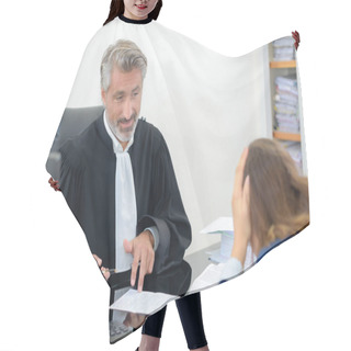 Personality  Client With Head In Hands Talking To Lawyer Hair Cutting Cape