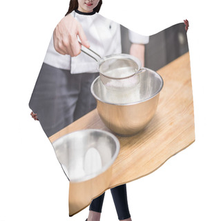 Personality  Cropped Image Of Chef Holding Sieve With Flour Hair Cutting Cape