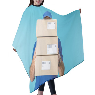 Personality  Delivery Man Holding Cardboard Packages With Qr Codes And Barcodes Isolated On Blue Hair Cutting Cape