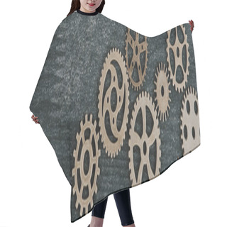 Personality  Top View Of Retro Metal Gears On Dark Wooden Background With Copy Space, Panoramic Shot Hair Cutting Cape