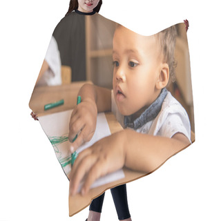Personality  Adorable African American Boy Drawing With Green Felt Tip Pen In Kindergarten Hair Cutting Cape