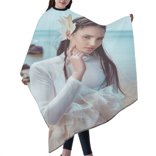 Personality  Young Woman In White Swan Costume Standing On Beach, Looking At Camera Hair Cutting Cape